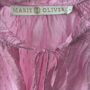 Marie Oliver Silk Light Pink & Metallic Gold Textured Smocked Tie Neck Blouse M
